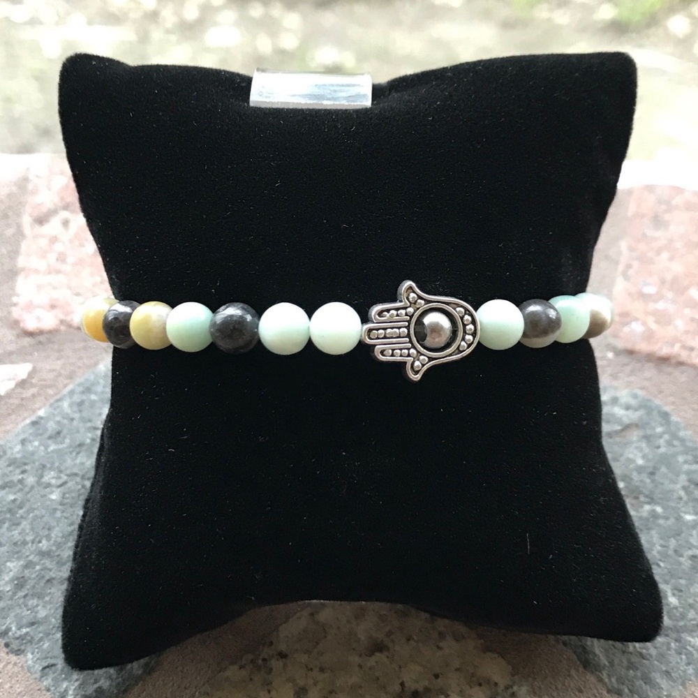 Genuine Amazonite silver hamsa bead boho bracelet - Picture 8 of 9